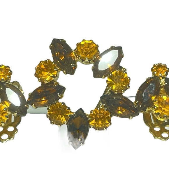 Carnelian & Citrine Color Goldtone Rhinestones Brooch Matching Clip On Earrings - Picture 2 of 7